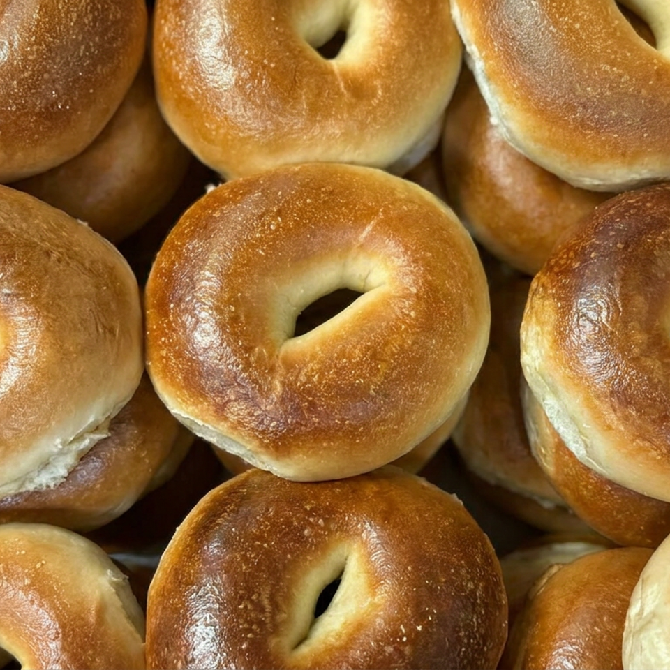 Close-up of golden-brown plain bagels stacked together, showing glossy crusts and central holes.